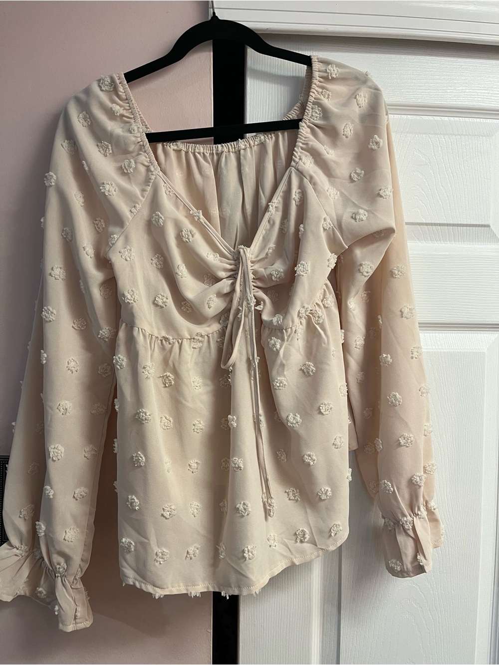 SHEIN Cream Embroidered Tie-Front Peasant Blouse